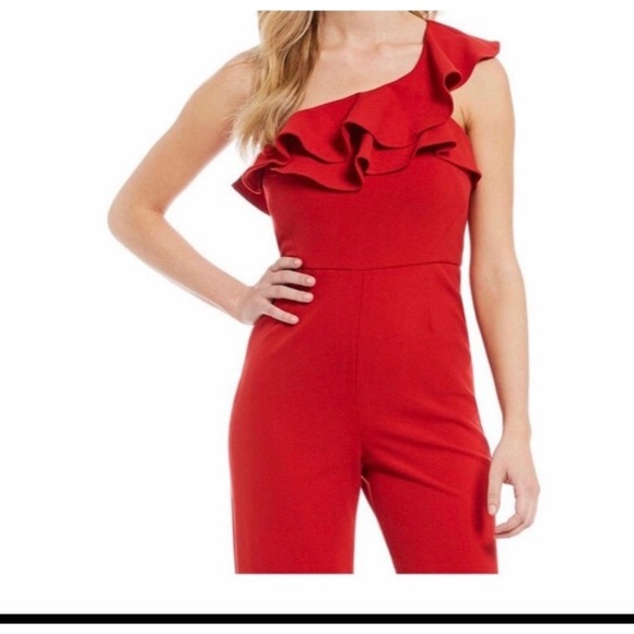 Gianni Bini Red‎ Ruffle Cocktail Drew Jumpsuit One Shoulder Wide Leg New Rt-178$ - Picture 2 of 8